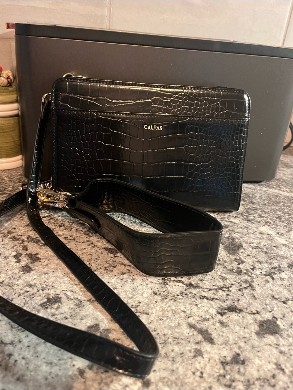 CALPAK Croc Wallet Convertible Passport Travel Clutch black NWOT